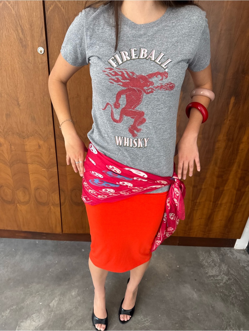 Next Level Apparel Bright Red Pencil Skirt with Pink Bandana Accent
